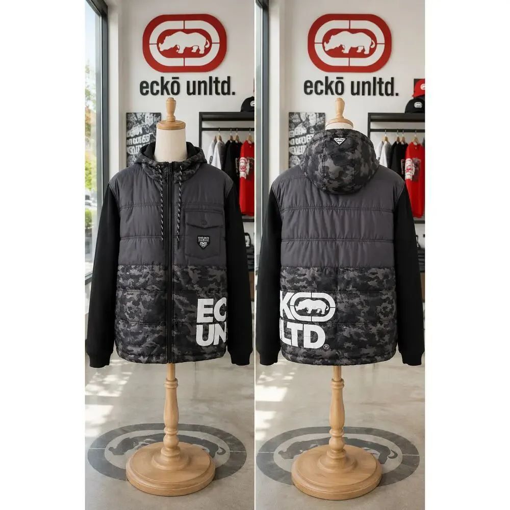Ecko Unltd Camo Puffer Hoodie Jacket Big Logo Men’s Large Y2K